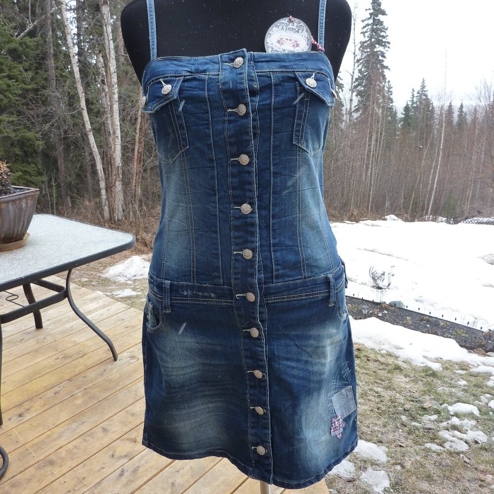 QUIRKY JOE BROWN GOTH PRAIRIE BUTTON FRONT MINI JEANS DRESS GYPSY BOHO 14 16